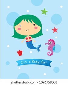 Vector illustration of cute mermaid princess with colorful hair, seahorse and under the sea elements.