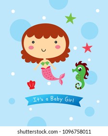 Vector illustration of cute mermaid princess with colorful hair, seahorse and under the sea elements.