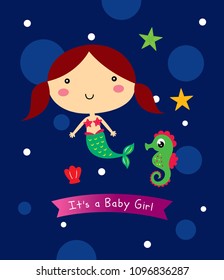 Vector illustration of cute mermaid princess with colorful hair, seahorse and under the sea elements.