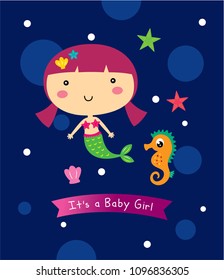 Vector illustration of cute mermaid princess with colorful hair, seahorse and under the sea elements.