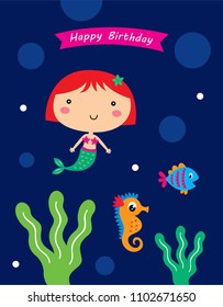 Vector illustration of cute mermaid princess happy birthday card.