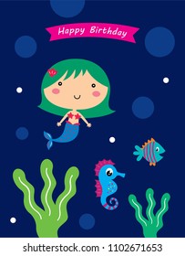 Vector illustration of cute mermaid princess happy birthday card.