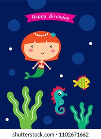 Vector illustration of cute mermaid princess happy birthday card.