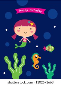 Vector illustration of cute mermaid princess happy birthday card.