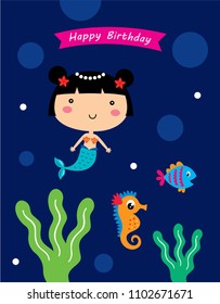 Vector illustration of cute mermaid princess happy birthday card.