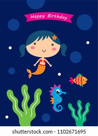 Vector illustration of cute mermaid princess happy birthday card.