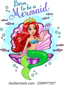 Vector illustration of cute mermaid princess with crown sitting in a seashell