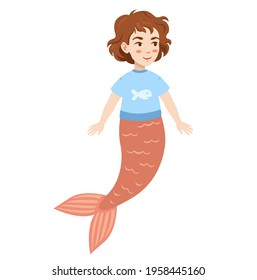vector illustration of cute mermaid with red tail in blue t-shirt