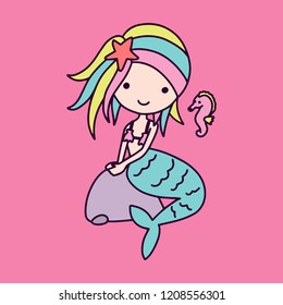 Vector illustration of cute mermaid sitting on stone with her seahorse friend