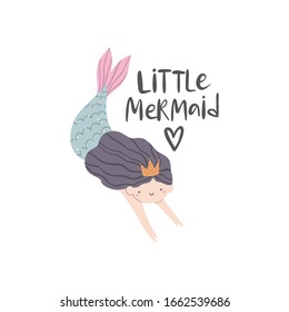 Vector illustration with cute mermaid and text Little mermaid.