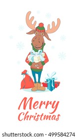 Vector illustration Cute Merry christmas and happy New Year card with elk or moose. Lovely cartoon background with holiday symbols and presents. Hand drawn doodle style