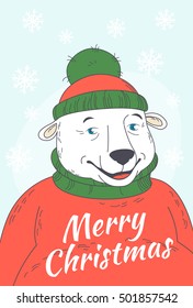 Vector illustration Cute Merry Christmas greeting card  with polar bear wearing sweater and hat portrait. Hand drawn doodle style