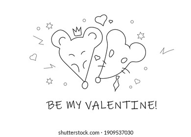 Vector illustration. Cute mice. Happy valentine's day card consept. Line art style. Black and white.