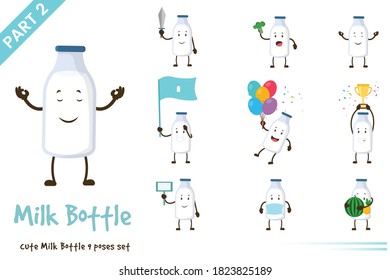 Vector illustration of cute milk bottle poses set. Isolated on white background.