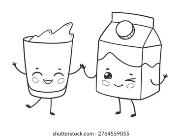 Vector illustration of cute milk carton and glass with milk. Line art flat design isolated objects.