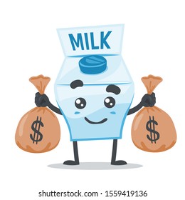 vector illustration of cute milk mascot or character holding two sacks of money in white background