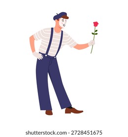 Ilustração vetorial de um mímico bonito. Cena de desenho animado de um mime masculino executando uma pantomima, vestido com uma camiseta listrada, macacão, boina, gestando, segurando uma rosa isolada em um fundo branco.

