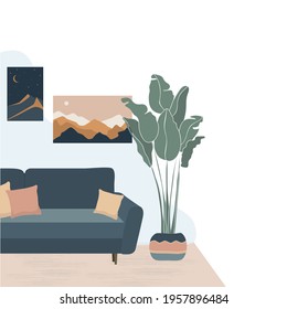 Vector illustration cute minimalistic interior.Blue sofa with pillows.Home plants and decorative elements.