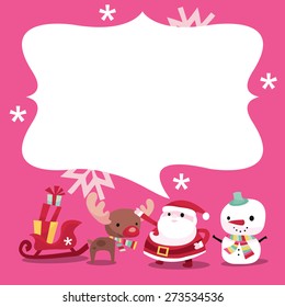 A vector illustration of a cute modern whimsical christmas theme bubble speech copy space along with santa claus, snowman, reindeer and sleigh with gifts.