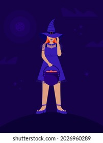 Vector illustration of cute modern witch. Witch holding poison. Halloween. Witches time. Witch costume. Witch hat. white background. Halloween flyer, invitation. Background with stars, claud and moon.