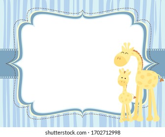 A vector illustration of a cute mom and baby giraffe with a blank scrapbook style frame on a blue stripe pattern background