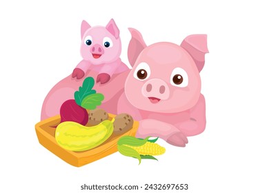 Vector illustration of cute mommy pig with a piglet lies near a trough with vegetables