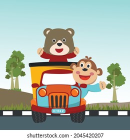 vector illustration of cute monkey and bear on a road trip truck, Can be used for t-shirt print, kids wear, invitation card. fabric, textile, nursery wallpaper, poster and other decoration.