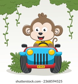 Vector illustration of cute monkey driving blue car go to vacation, Vector illustration. T-Shirt Design for children. Design elements for kids.