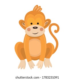 Vector illustration of a cute monkey in flat style.Cartoon illustration drawn for children. Illustrations for children's books, printing on postcards and T-shirts. jungle macaque, cute and kind monkey
