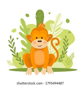 Vector illustration of a cute monkey in flat style.Cartoon illustration drawn for children. Illustrations for children s books, printing on postcards and T-shirts. jungle macaque, cute and kind monkey