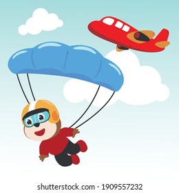 Vector illustration of a cute monkey flying with a parachute. with cartoon style. Creative vector childish background for fabric textile, nursery wallpaper, poster, card, brochure. vector illustration