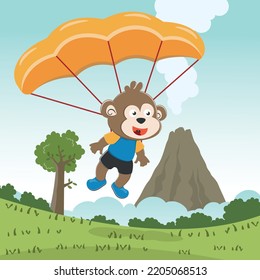 Vector illustration of a cute monkey flying with a parachute. with cartoon style. Creative vector childish background for fabric textile, nursery wallpaper, card, brochure. vector illustration