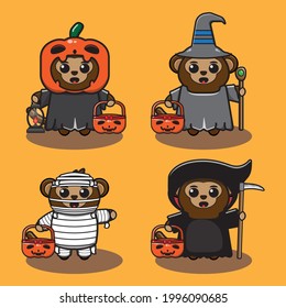 Vector illustration of cute Monkey Halloween cartoon. Pumpkin, Wizard, Mummy and Reaper. Good for icon, logo, label, sticker, clipart.