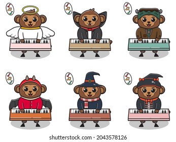 Vektorgrafik des süßen Affen mit Halloween-Kostüm Keyboard. Affenzeichen, Vektordesign. Gut für Etiketten, Aufkleber, Clipart.