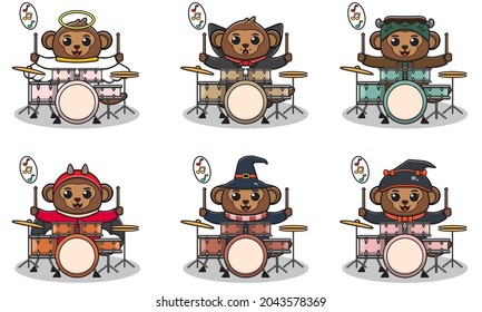Vector illustration of cute Monkey with Halloween costume playing Drum. Monkey character vector design. Good for label, sticker, clipart.
