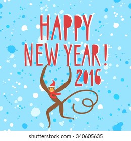 Vector illustration with cute monkey with Happy New Year title. New Year's symbol for your design.