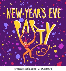 Vector illustration with cute monkey and Happy New Year Eve Party title. New Year's symbol for your design.