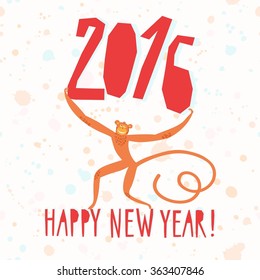 Vector illustration with cute monkey with Happy New Year title. New Year's symbol for your design.