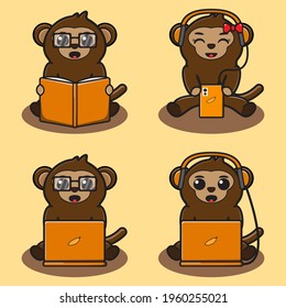 Vector illustration of cute Monkey Hobby cartoon. Cute Monkey expression character design bundle. Good for icon, logo, label, sticker, clipart.