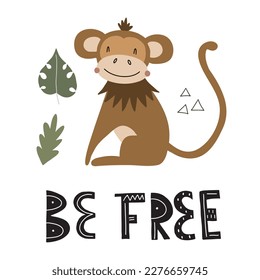 Vektorgrafik eines süßen Affen mit der Inschrift frei sein, umgeben von tropischen Pflanzen für Ihr Design.