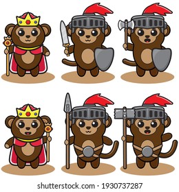 Vector illustration of cute Monkey King and knight cartoon set. Monkey king and knight set. Good for icon, logo, label, sticker, clipart.
