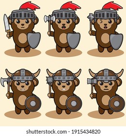 Vector illustration of cute Monkey Knight cartoon. Cute Monkey Knight expression character design bundle. Good for icon, logo, label, sticker, clipart.