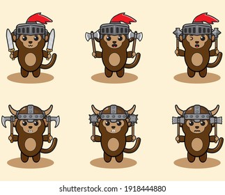 Vector illustration of cute Monkey Knight cartoon with dual weapon. Cute Monkey Knight expression character design bundle. Good for icon, logo, label, sticker, clipart.