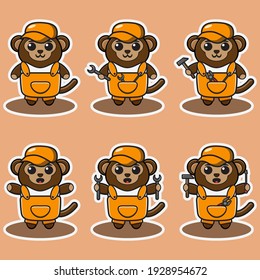 Vector illustration of cute Monkey Mechanic cartoon. Cute Monkey expression character design bundle. Good for icon, logo, label, sticker, clipart.