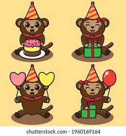 Vector illustration of cute Monkey Party cartoon. Cute Monkey expression character design bundle. Good for icon, logo, label, sticker, clipart.