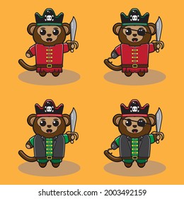 Vector illustration of cute Monkey Pirate Captain cartoon. Cute Monkey expression character design bundle. Good for icon, logo, label, sticker, clipart.