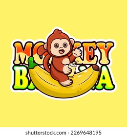 Vector illustration of cute monkey riding a banana.