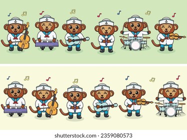 Vector Illustration of Cute Monkey sailors Music Band. Big set of cute Animal cartoon in professions. Monkey Cartoon flat style.