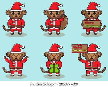 Vector illustration of cute Monkey Santa mascot or character. Christmas design element. Vector illustration isolated on light blue background
