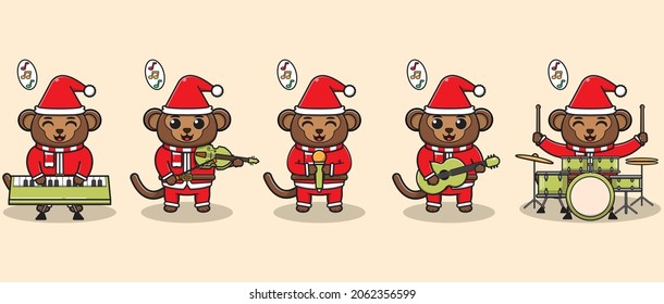 Vector illustration of Cute Monkey Santa Claus play a musical instrument. Good for icon, label, sticker, clipart.
